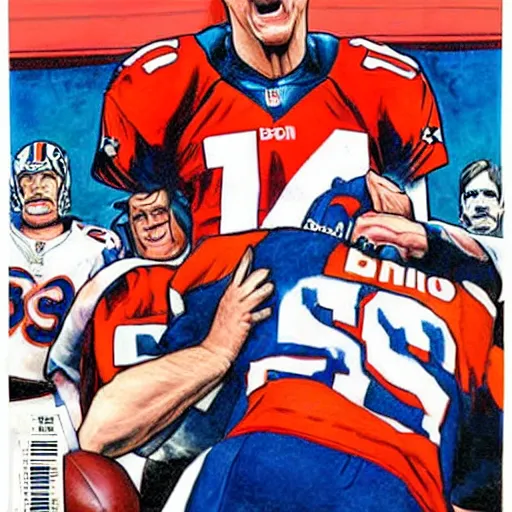 Prompt: comic book cover for'peyton manning vs coach belichick ', art by alex ross