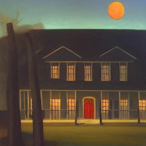 Prompt: grant wood's painting of dracula on the porch of a southern plantation at dusk, proudly gazing out on his cotton fields with the moon rising above. he is pale, with black hair and a black and red cape.