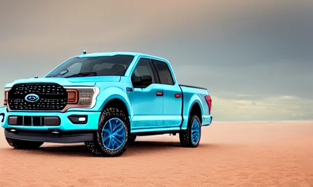 Prompt: Ford F150 Green Blue Ombre 2022 Truck on a Red Sand Beach at sunset