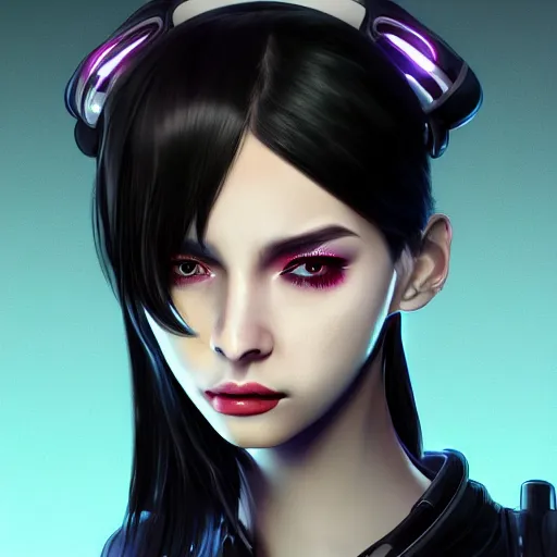 Prompt: headshot of cyberpunk woman wearing thick black choker around neck, detailed face, collar on neck, realistic, artstation, cyberpunk style, neon,