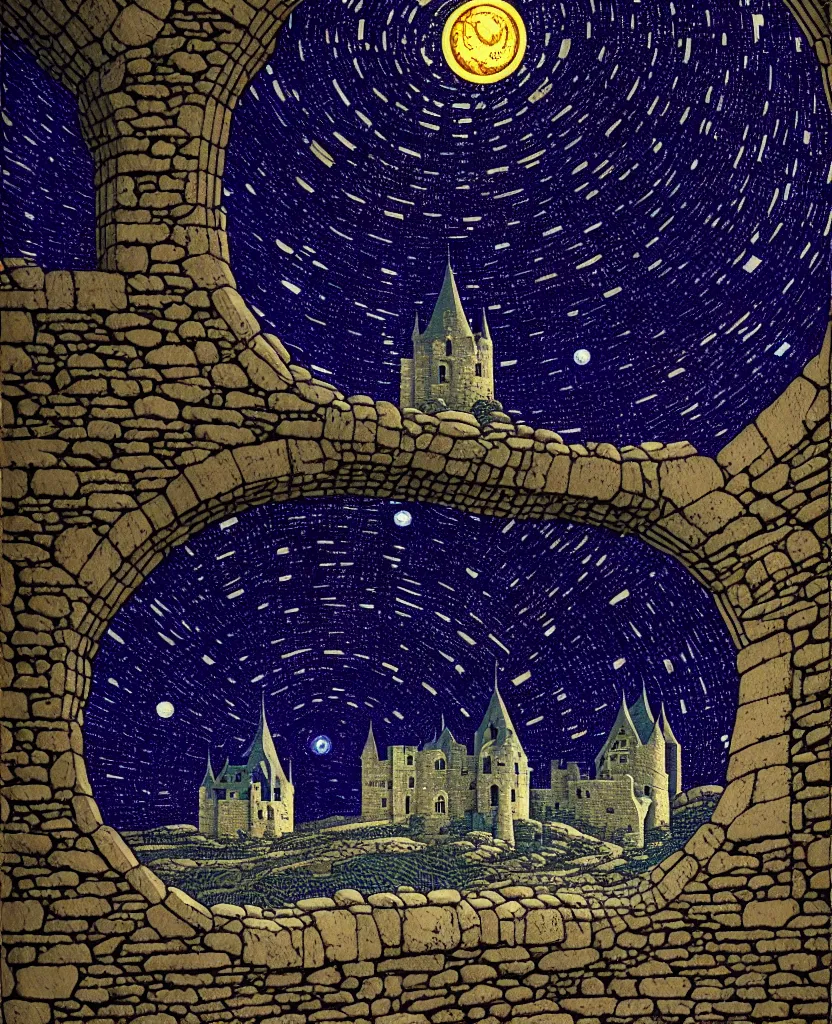 Prompt: stone wall inside of a majestic castle, round window looking out to the starry night sky, high details, intricately detailed, by vincent di fate, inking, 3 color screen print, masterpiece, trending on artstation,, sharp, details, hyper - detailed, hd, 4 k, 8 k