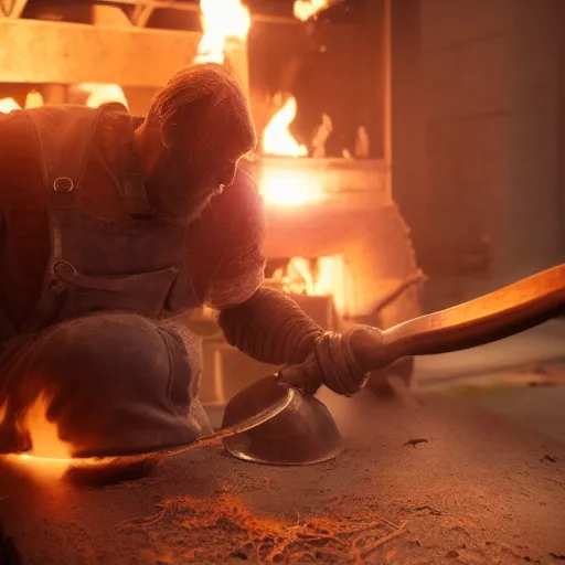 Image similar to Blacksmith creates new element with hammer, arnold render, ultrarealistic, bloom, mythic