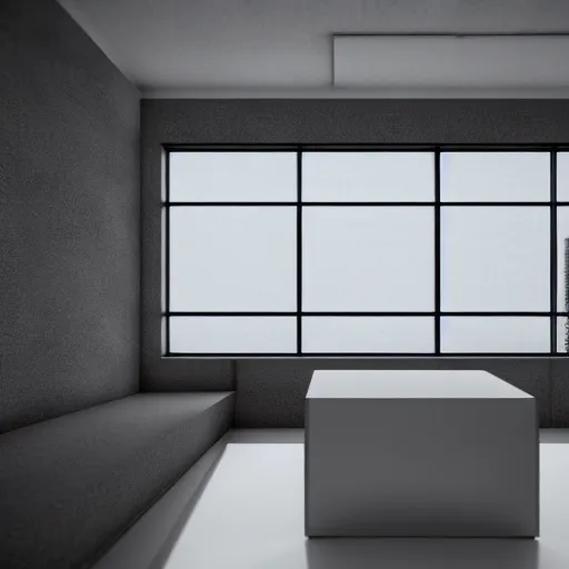 Image similar to symmetry, parallel perspective, parallax mapping of brutalist office, minimalist architecture, minimalist furniture, octane render, high quality