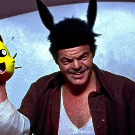 Prompt: Jack Nicholson plays Teminator Pikachu, scene from the film finale, epic, realistic