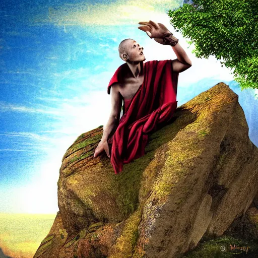 Image similar to a huge war monk sitting on a giant cliff, beautiful scenery, digital masterpiece