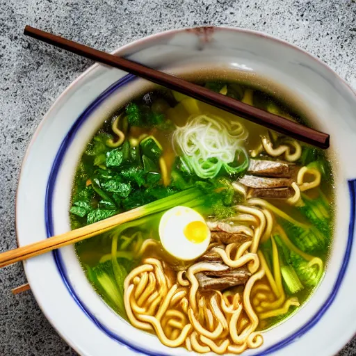 Prompt: close-up photo of a bowl of ramen with its contents glowing green