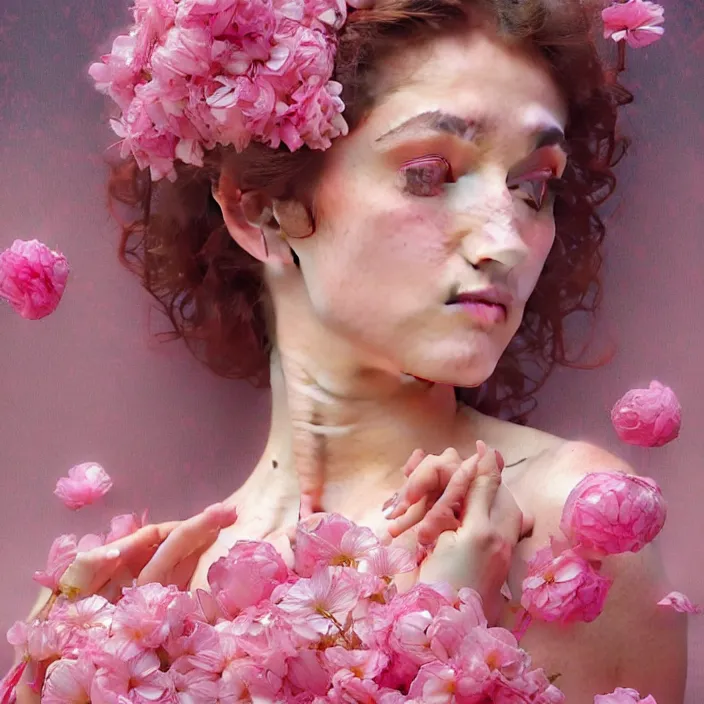 Image similar to a wonderful goddess made of pink petals as texture of the skin, intricate, elegant, highly detailed, wonderful eyes, sweet, digital painting, artstation, concept art, smooth, sharp focus, illustration, art by artgerm and greg rutkowski and alphonse mucha and william - adolphe bouguereau