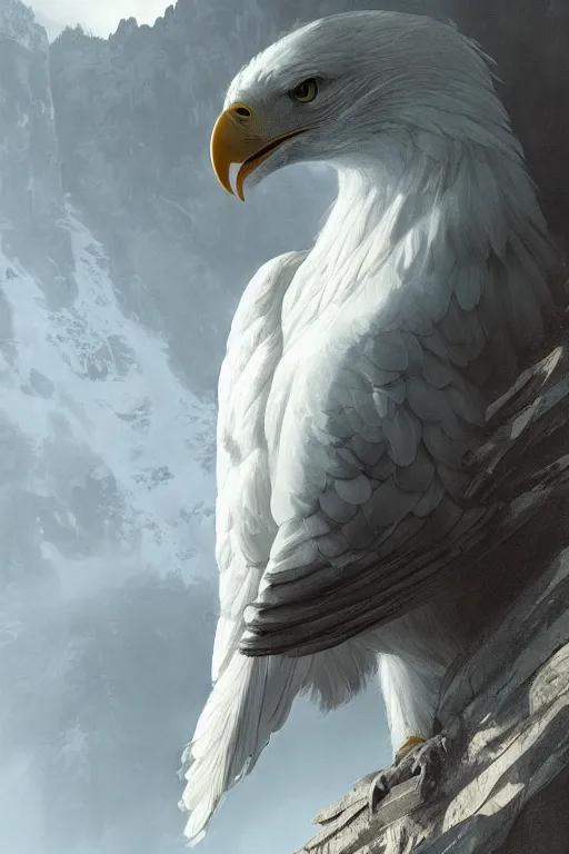 Image similar to portrait of majestic white eagle on his Nest in the mountains, Single face, dramatic lighting, cinematic, establishing shot, extremly high detail, photo realistic, cinematic lighting, post processed, concept art, artstation, matte painting, style by eddie mendoza, raphael lacoste, alex ross