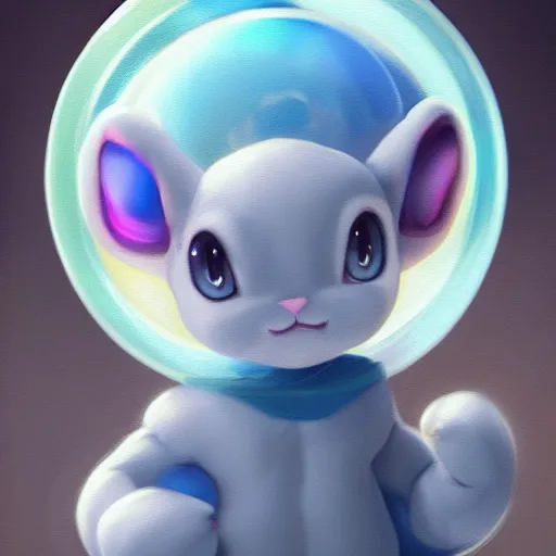 Image similar to cinematic portrait of cute Mew Mewtwo holding onto large blue bubble, oil on canvas, masterpiece, trending on artstation, featured on pixiv, cinematic composition, dramatic pose, beautiful lighting, sharp, details, hyper-detailed, HD, HDR, 4K, 8K