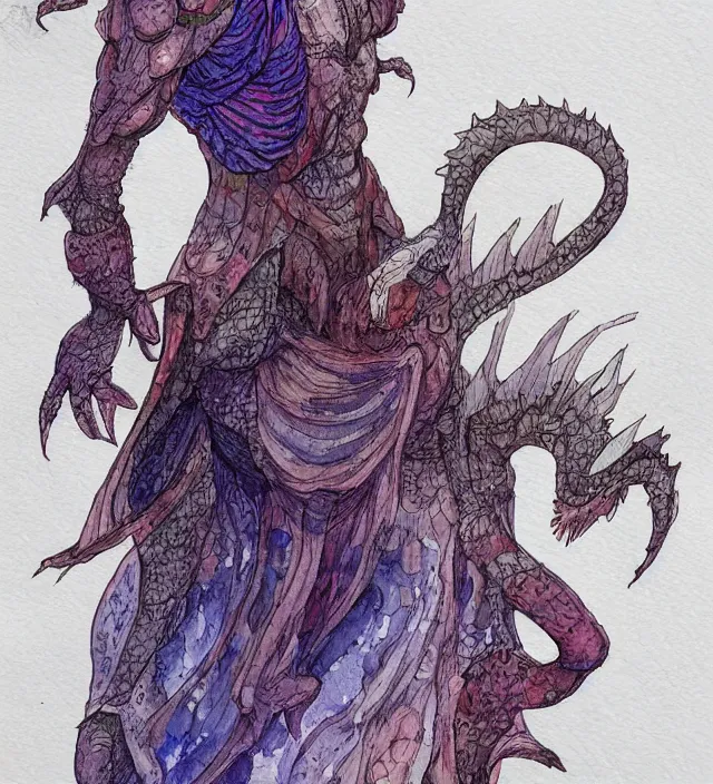 Image similar to a 3 / 4 view watercolor ink painting of a humanoid anthropomorphic dragon in a dress in the style of jean giraud in the style of moebius trending on artstation deviantart pinterest detailed realistic hd 8 k high resolution
