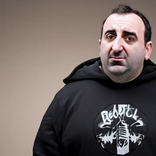 Image similar to Mike Stoklasa from Red Letter Media as a black hooded executioner