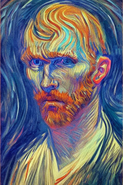 Prompt: portrait of the god of dreams, in the style of edvard munch, van gogh, digital art, artgerm, trending on artstation