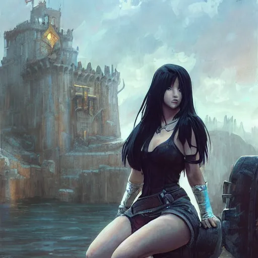 Image similar to a painting of tifa from final fantasy 7, in kings landing from game of thrones, sitting majestic on the iron throne, by greg rutkowski, artgerm, wlop, ruan jia, krenz cushart, alphonse mucha, marble, gold, unreal engine 5