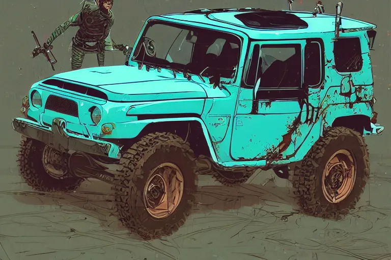 Image similar to digital illustration of a futuristic faded cyan mad max's fj 4 0 decrepit!!!! pursuit special, rusty!!! cyberpunk nissan fj cruiser heavily modded 1 9 9 0 s, the last v 8 interceptor by makoto shinkai, ilya kuvshinov, lois van baarle, rossdraws, basquiat