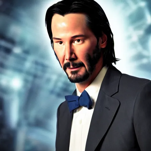 Image similar to portrait of Keanu reeves as 10th Doctor Who in the TARDIS, Photo, High details, 8k