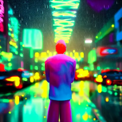 Image similar to splashes of neon, cartoon portrait made out of rain, trending on artstation, epic composition, emotional, beautiful, rendered in octane, unreal engine, highly detailed, realistic, galaxy background