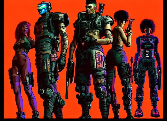 Prompt: cyberpunk blackops samurai squad. portrait by stonehouse and mœbius and will eisner and gil elvgren and pixar. character design. realistic proportions. cyberpunk 2 0 7 7 character art, blade runner 2 0 4 9 concept art. cel shading. attractive face. thick lines. the team. diverse characters. artstationhq.