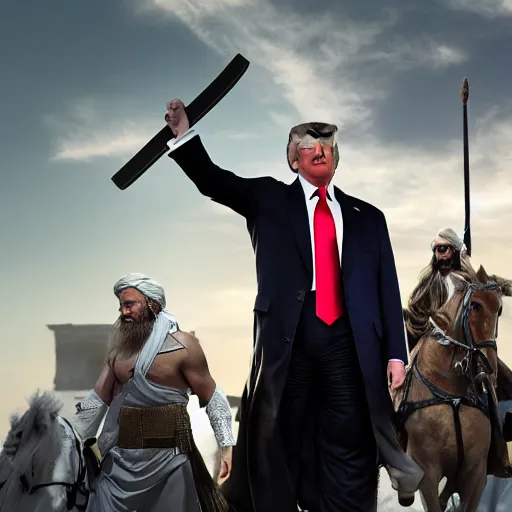 Prompt: 4 k portrait sony a 7 f 2. 8 of donald trump as a greek warrior fighting us president joe biden as a taliban leader