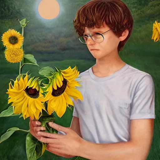 Prompt: hyperrealistic portrait harry poter holding a sunflower in the background there is a beautiful full moon