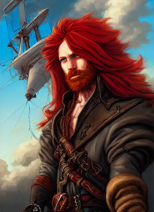 Image similar to an epic fantasy comic book style portrait painting of a long haired, red headed male sky - pirate in front of an airship in the style of eve ventrue