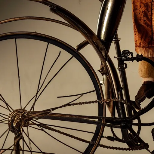 Image similar to close up portrait of a life size victorian steampunk automaton standing in with a bicycle, 8 k, soft lighting, highly detailed realistic, face in focus 1 8 9 0's liminal