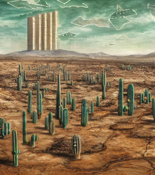 Image similar to surreal theory of a white stepped high tech architecture, ancient epic tower of babylon in the mining tailings in the desert, biroremediation plant, foggy, patchy cactus, oil painting, pale colors, high detail, 8 k, wide angle, trending on artstation, behance