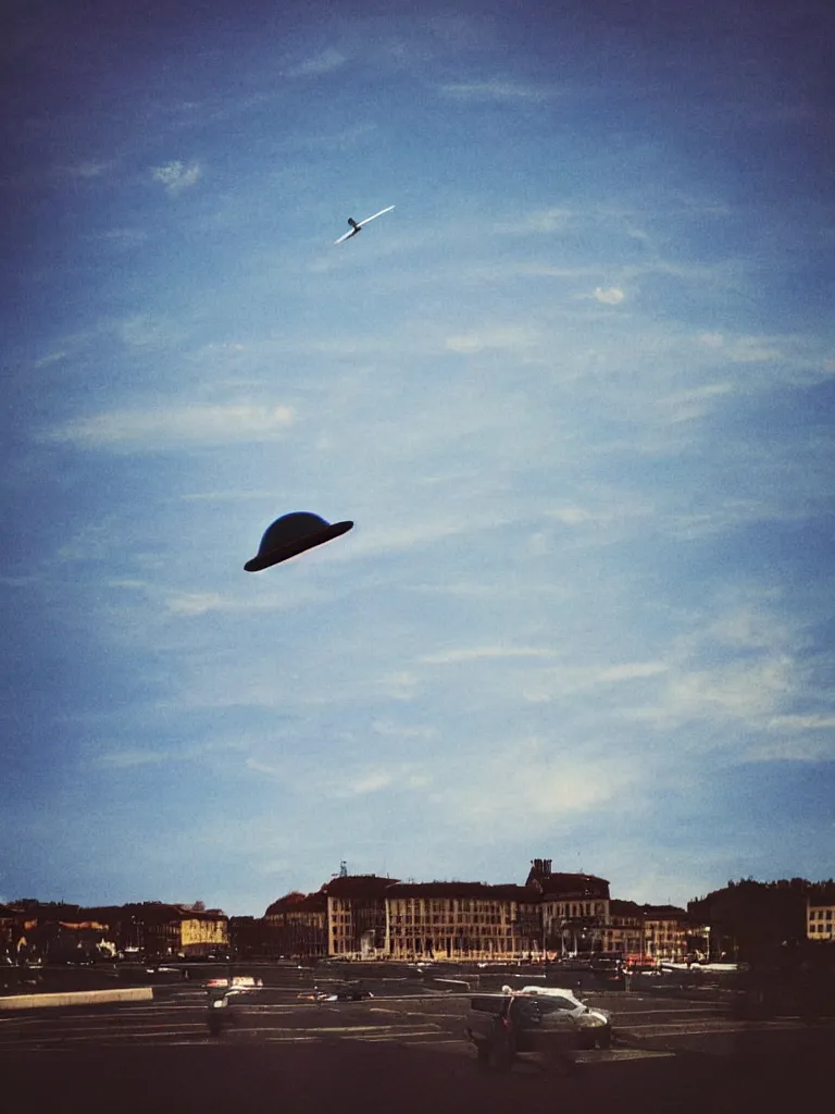 Prompt: ufo flying in the sky in toulouse, blue sky, polaroid, stolen motion blur, eerie, realistic, realistic, realistic, realistic, realistic, realistic, realistic,