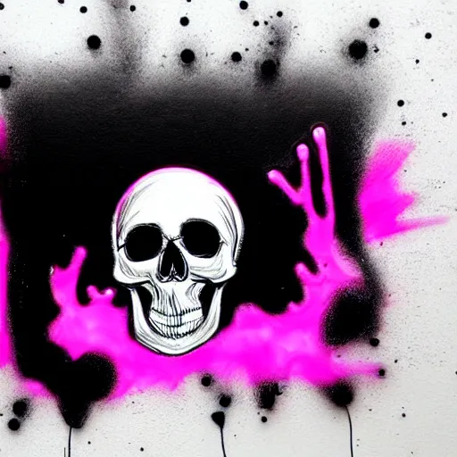 Image similar to a 3 d wireframe pink cartoon skull spray painted on a black background with dripping pink spray paint, three fourths view, graffiti, black background!!!!!, outline