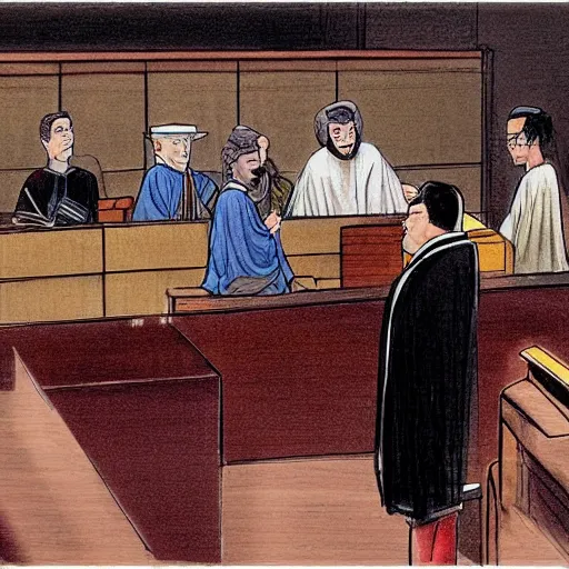 Prompt: Confucius and jury trial in the american courtroom sketch by Batton Lash by John M. Downs by Leo Hershfield, concept art