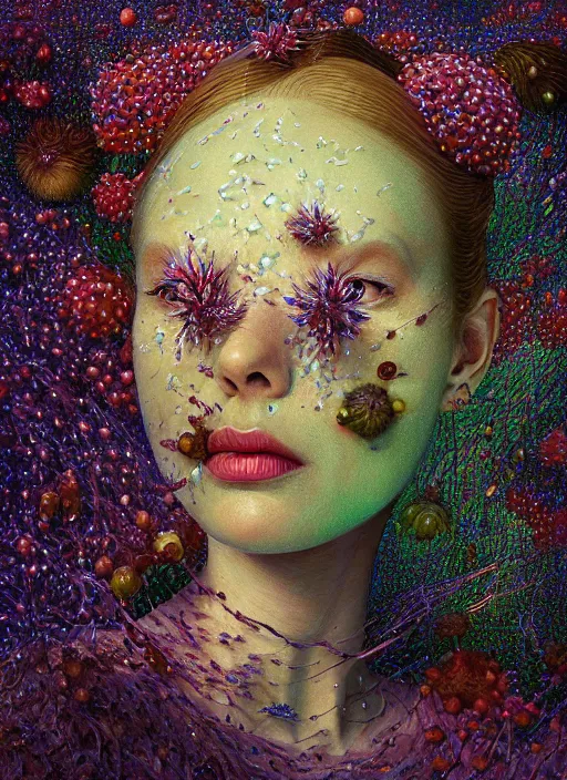 Image similar to hyper detailed 3d render like a Oil painting - Aurora (Singer) Eats of the Strangling Fruit and Her gossamer polyp blossoms bring iridescent fungal flowers whose spores black the foolish stars by Jacek Yerka, Mariusz Lewandowski, Houdini algorithmic generative render, Abstract brush strokes, Masterpiece, Edward Hopper and James Gilleard, Zdzislaw Beksinski, Mark Ryden, Wolfgang Lettl, hints of Yayoi Kasuma, octane render, 8k