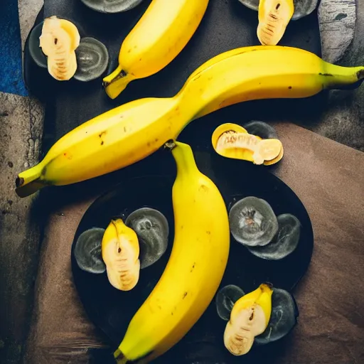 Image similar to professional photograph of banana ducks, peeled bananas with googly eyes and duck beaks