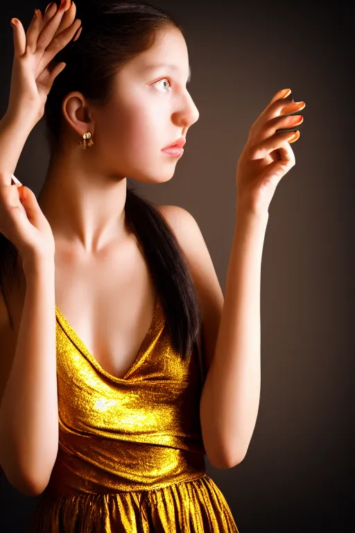 Image similar to lifestyle portrait of a girl in a golden dress with over a black background, photography, smooth, sharp focus, turning head