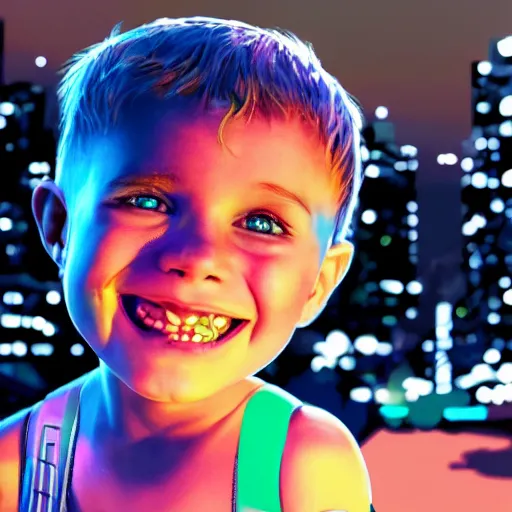 Prompt: a happy cyborg child smiling at the camera, neon city in the background, highly detailed realistic digital art,