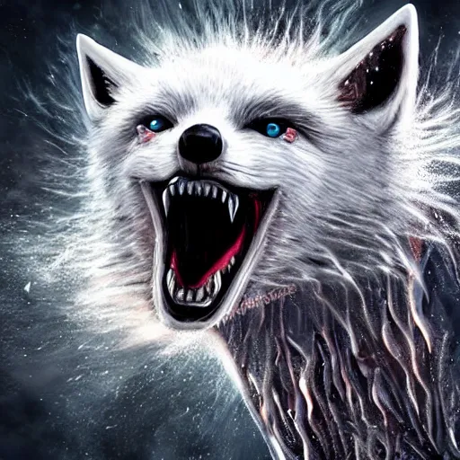 Image similar to angry demonic white polar fox with sharp teeth wearing medieval ornamented rusty armor, ice and fire, postapocalyptic world, hyperrealistic, dramatic sky, highly detailed