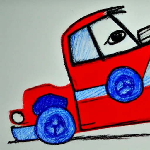 Image similar to a poorly drawn red truck with blue wheels, drawn using crayons, red and blue crayon, drawn on white paper