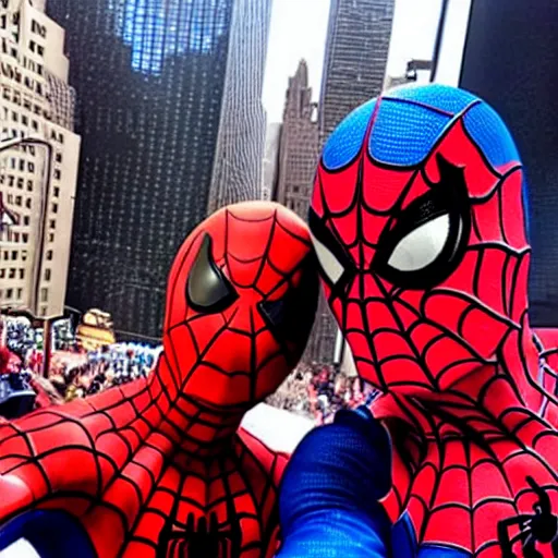 Image similar to a selfie spider - man took with donald trump at time square i'm nyc.