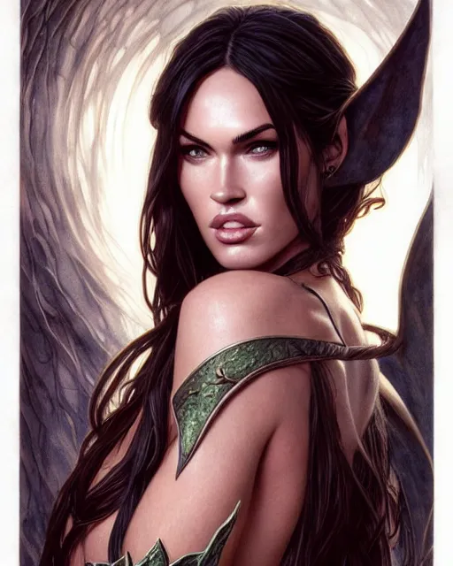 Image similar to portrait of megan fox as an elven mage, dark, piercing eyes, gentle expression, elegant clothing, photorealistic, highly detailed, artstation, smooth, sharp focus, art by michael whelan, artgerm, greg rutkowski and alphonse mucha