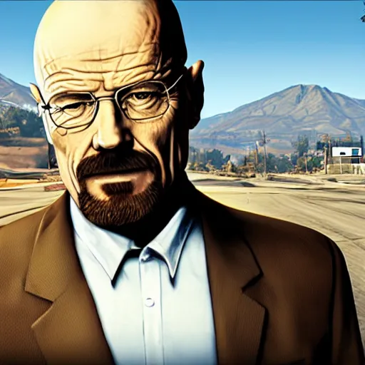 Image similar to walter white on the gta 5 cover art.