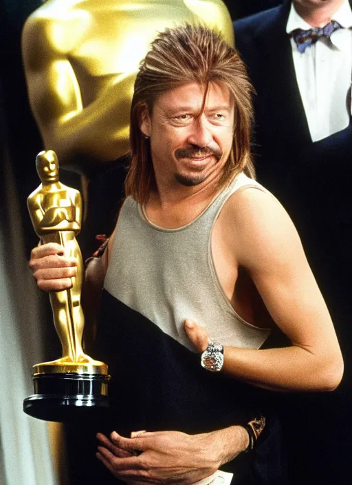 Image similar to a photograph of Joe Dirt winning an oscar