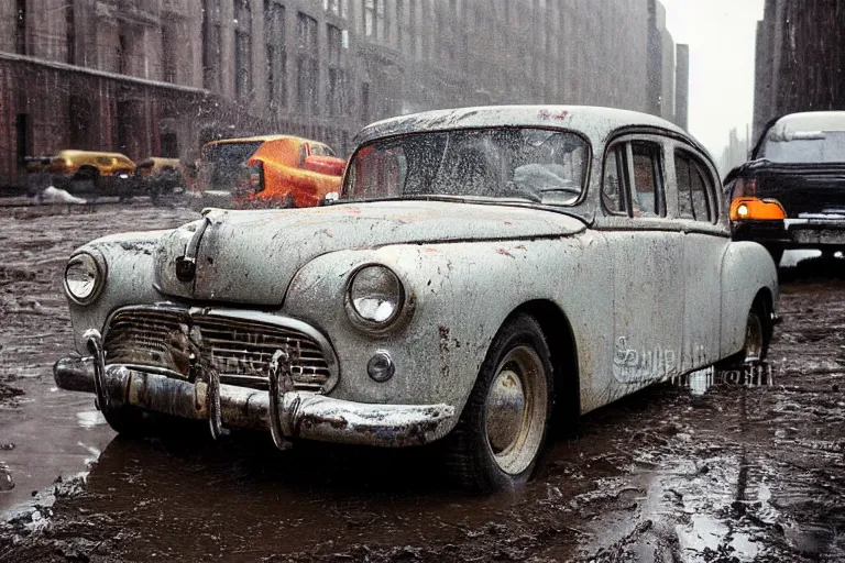 Prompt: street photography by saul leiter, in a muddy new york street, award winning photo of an ultra detailed intricate dirty vintage ford car speeding very fast on mud, fast shutter speed, motion blur, tiny gaussian blur, highly detailed, highly intricate, depth of field, trending on top gear