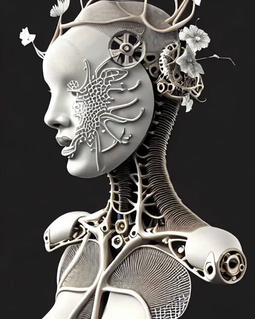 Prompt: bw 3 d render, biomechanical beautiful young female cyborg with a porcelain profile face, analog, big leaves foliage and stems, morning glory flowers, hibiscus flowers, boho floral vines, hexagonal mesh fine wire, sinuous fine roots, alexander mcqueen, art nouveau fashion embroidered, steampunk, mandelbrot fractal, picture taken in 1 9 4 0