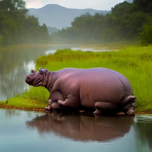 Prompt: sad hippo waking up in a beautiful river landscape, trending on artstation