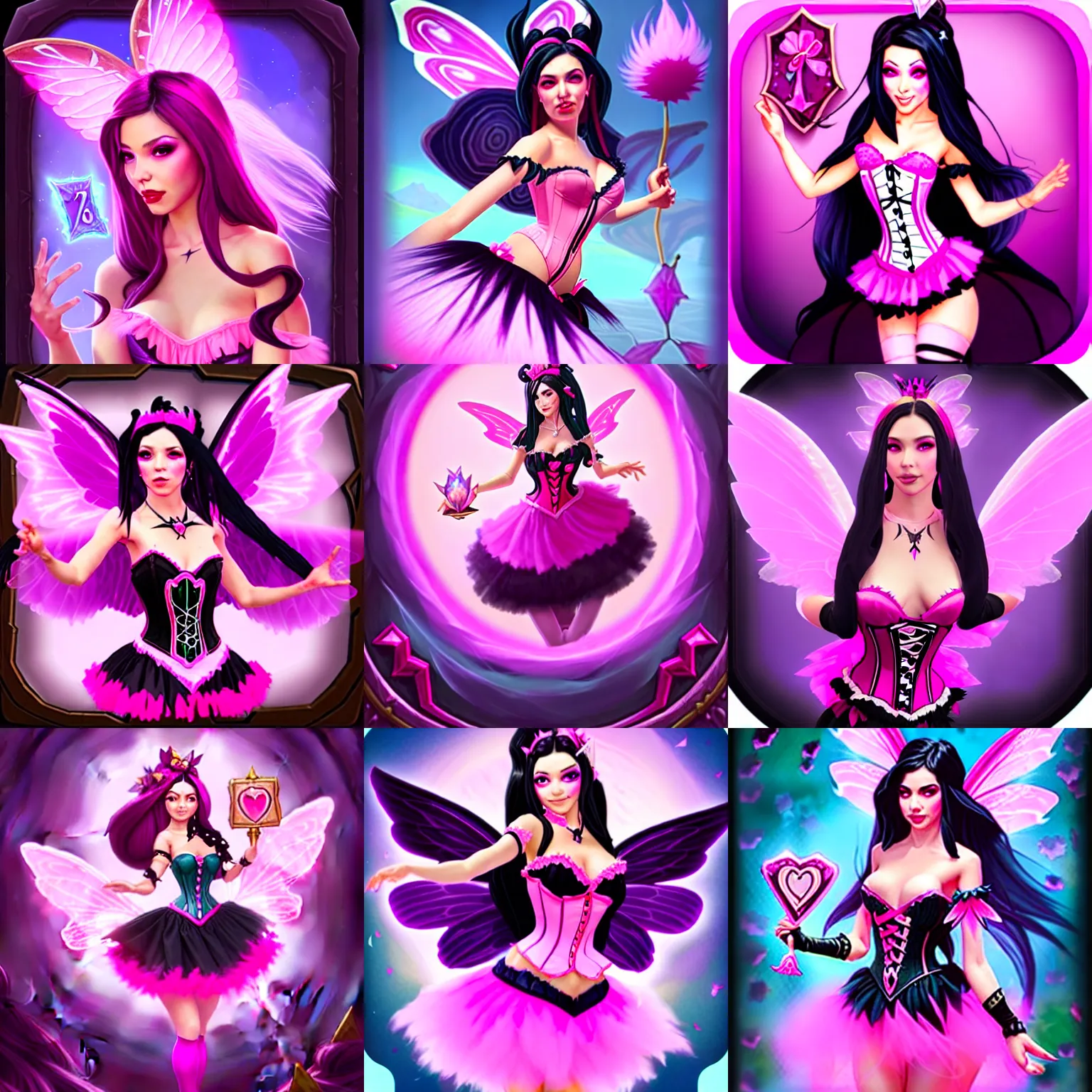 Prompt: a beautiful woman with long black hair, wearing a pink corset top and a pink tutu, fairy wings, Hearthstone official splash art