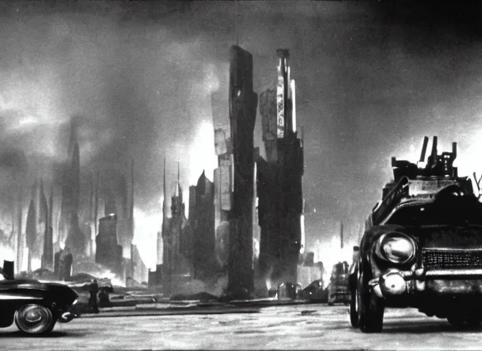 Prompt: scene from the 1952 science fiction film Blade Runner with the main character standing next to a vehicle