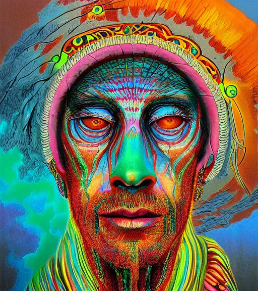 Image similar to Portrait painting in a style of Beksinski mixed with Alex Grey of an old shaman dressed in a colorful traditional clothes. psychodelic