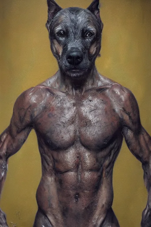 Prompt: Slavic dog head man, beautiful torso oil painting, hyperrealism, beautiful, high resolution, trending on artstation,