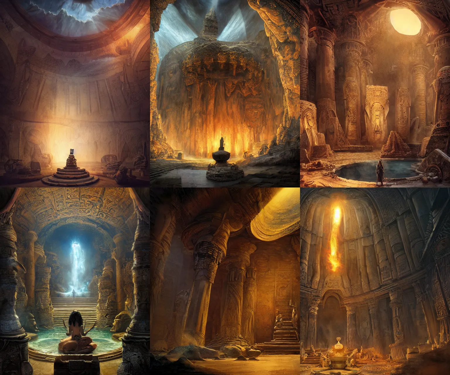 Prompt: fantasy movie scene andreas rocha and frank frazetta and bernie wrightson detailed digital art of ornate and royal egyptian antechamber tomb, cleopatra in a circular pool with an erupting galaxy, epic atmosphere, sharp sunray lighting, cinematic lighting, fine details, 4 k, unreal engine, hyperrealism, cinematic composition, blender render, realistic, detailed textures, very wide shot