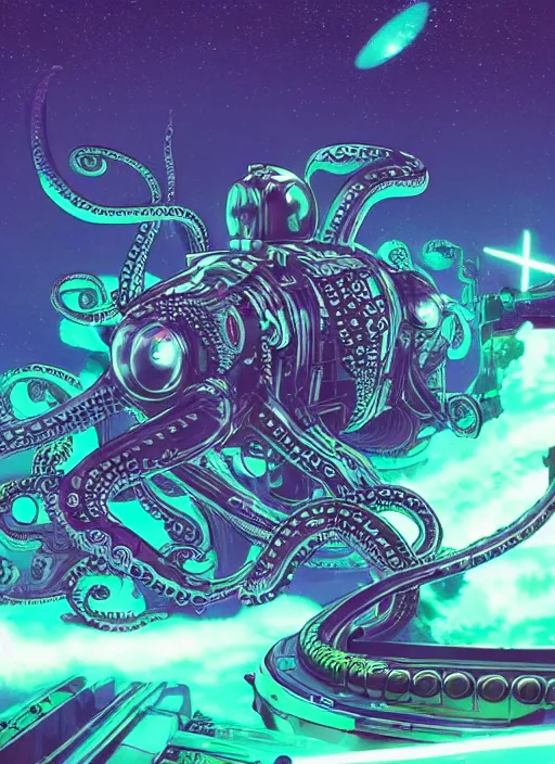 Image similar to robotic cyborg octopus in the space rocket 4 k, vaporwave style, green helmet, super detailed photorealistic, art by akihiko yoshida