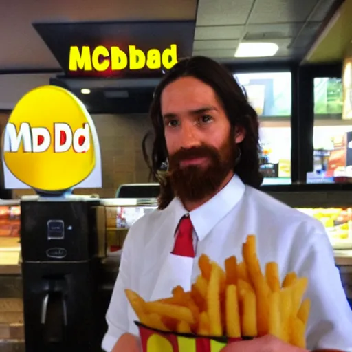 Prompt: Paparazzi photo of Jesus Christ working at Mcdonalds