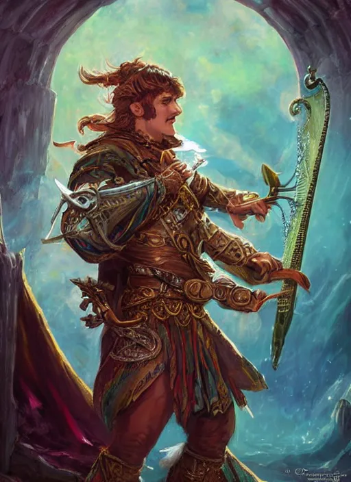 Image similar to male bard playing harp, ultra detailed fantasy, dndbeyond, bright, colourful, realistic, dnd character portrait, full body, pathfinder, pinterest, art by ralph horsley, dnd, rpg, lotr game design fanart by concept art, behance hd, artstation, deviantart, hdr render in unreal engine 5